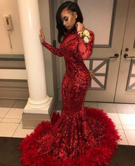 Sexy Sequins Appliques Long Sleeve Mermaid Feather Red Prom Dresses