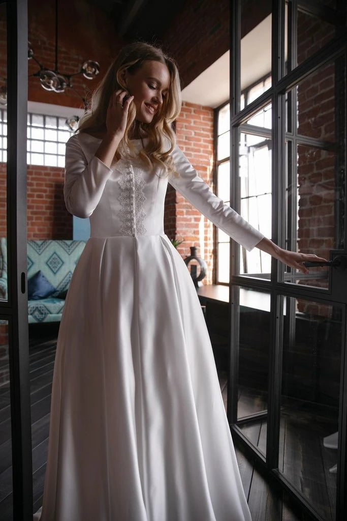 Appliques Button A Line Satin Long Sleeve Scoop Wedding Dress