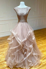 Champagne round neck tulle lace long prom dress evening dress - RongMoon