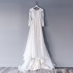 Scoop Sweep Train Lace Long Sleeve Appliques A-line Ruffles Wedding Dress
