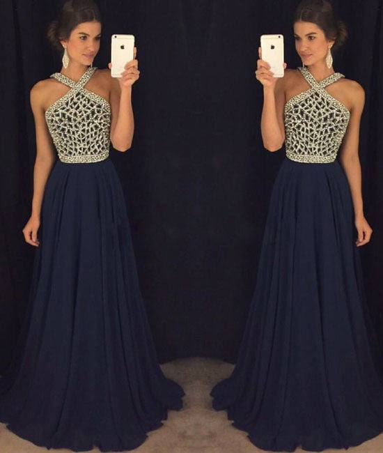 Dark blue beaded long prom dress for teens, dark blue formal dress - RongMoon