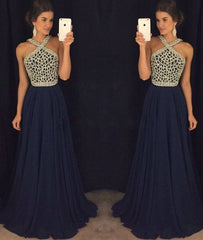 Dark blue beaded long prom dress for teens, dark blue formal dress - RongMoon
