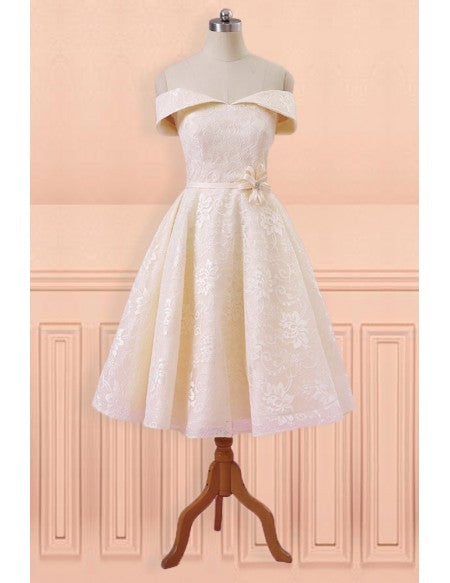 Champagne Lace Off Shoulder Tea Length Wedding Dress with Sash