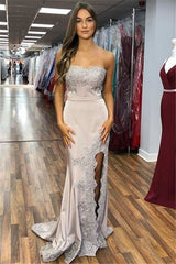 Satin Silver Side-Slit Strapless Appliques Mermaid Prom Dress