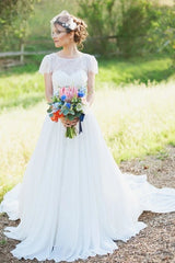 A Line Sweet Lace Chiffon Short Sleeves Wedding Dress