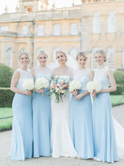 Elegant Simple Scoop Neck Mermaid Sleeveless Sequin Lace Chiffon Wedding Party Dresses Long Bridesmaid Dresses.DB10701