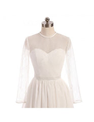 See Through Tulle Knee Length Sheer Round Long Sleeves Wedding Dress
