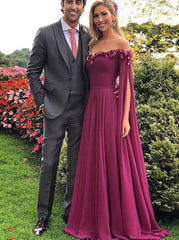 A-Line Purple Tulle Off the Shoulder Appliques Prom Dress