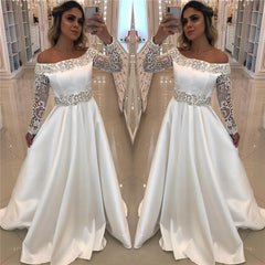 Off The Shoulder Beading Satin Long Sleeve Appliques Bridal Wedding Dress