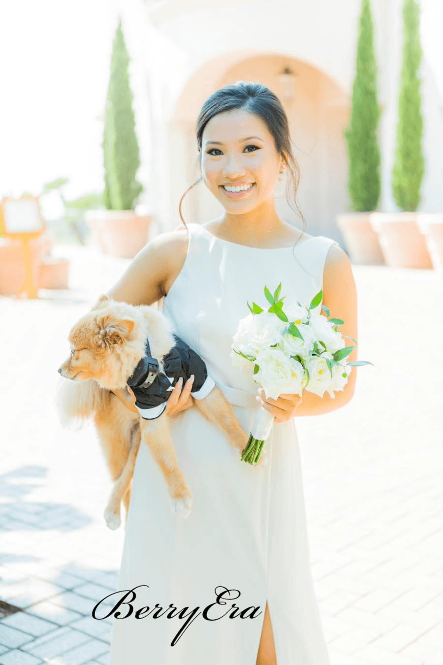 Side Slit Sheath Ivory Long Bridesmaid Dresses, V-back Bridesmaid Dresses - RongMoon