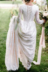 Long Sleeve Scoop Lace A Line Sweep Train Wedding Dress