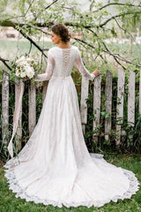 Long Sleeve Scoop Lace A Line Sweep Train Wedding Dress