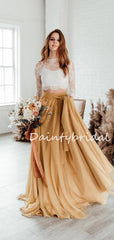 Affordable Two-piece Simple Chiffon Lace Long Sleeve Long Wedding Dresses, DB10687