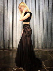 Two Piece Lace Black Short Sleeve Mermaid Prom Dress