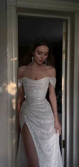 Sparkly Sequins Off Shoulder Side Slit Prom Dress, DB11034