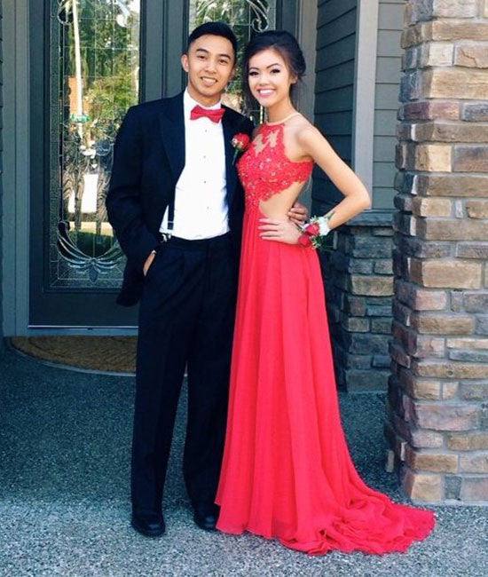 Red Chiffon Lace hight Neck Long Prom Dress, Evening Dress - RongMoon