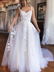 A-line Off Shoulder Tulle White Long Wedding Dress, WD0445