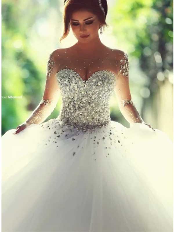 Sparkly Sweetheart Long Sleeves Beaded Wedding Dress, WD0488