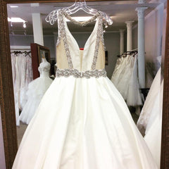 Deep V Neck White Satin Ball Gown Wedding Dresses Open Back
