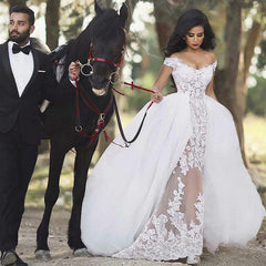Lovely Lace Mermaid Wedding Dresses With Detachable Skirts