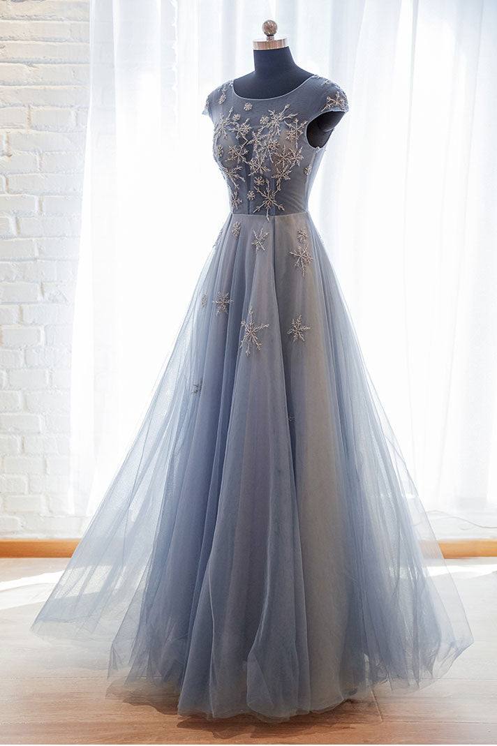 Blue tulle lace long prom dress blue tulle formal dress - RongMoon