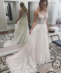 White Round Neck Lace Tulle Long Wedding Dress