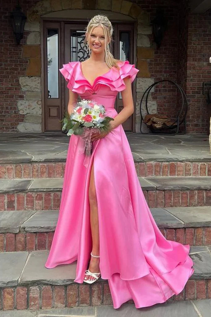 Hot Pink Satin Ruffles Cap Sleeves Prom Dress with High Slit