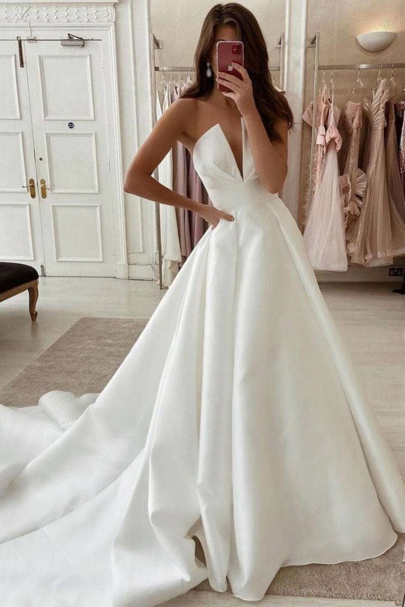 Simple white satin long prom dress white evening dress - RongMoon