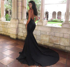 Sexy Mermaid Long Train Long Black Backless Formal Prom Dress