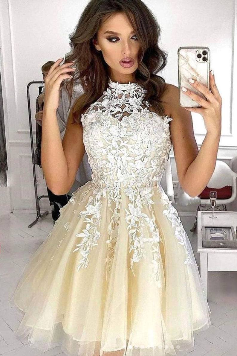 champagne tulle lace short prom dress lace cocktail dress - RongMoon