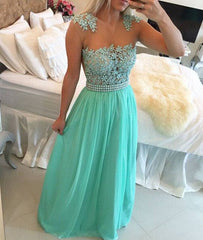 A-line Round Neck Chiffon Lace long Prom Dress, Evening Dress - RongMoon
