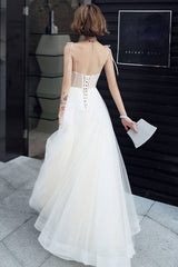 White lace tulle long prom dress white tulle lone evening dress - RongMoon