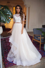 Beige two pieces tulle long prom dress beige formal dress - RongMoon