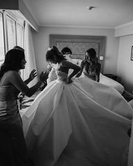 Appliques Sweep Train Satin Beading Ball Gown Wedding Dress