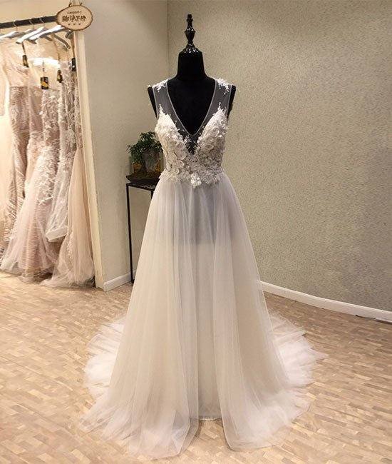 White A-line tulle lace long prom dress, white wedding dress - RongMoon