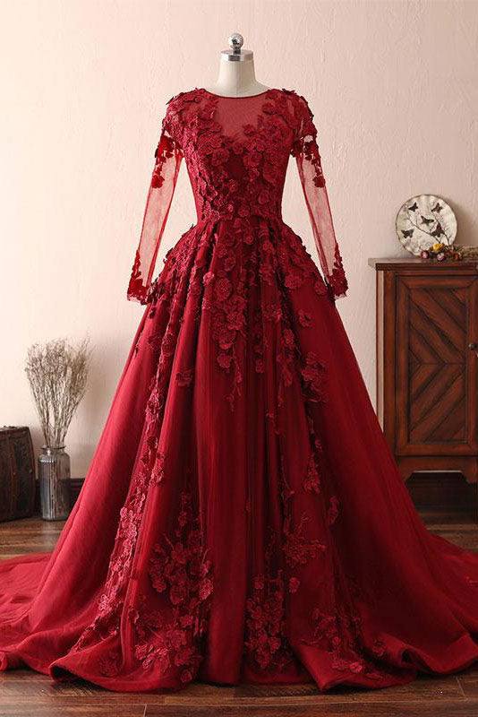 Burgundy round neck lace long prom dress burgundy evening dress - RongMoon