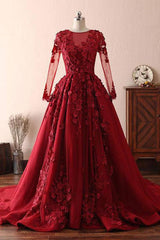 Burgundy round neck lace long prom dress burgundy evening dress - RongMoon