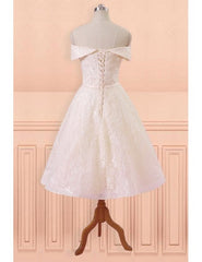 Champagne Lace Off Shoulder Tea Length Wedding Dress with Sash