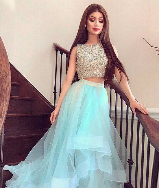 Cute two pieces tulle sequin long prom dress, formal dresses - RongMoon