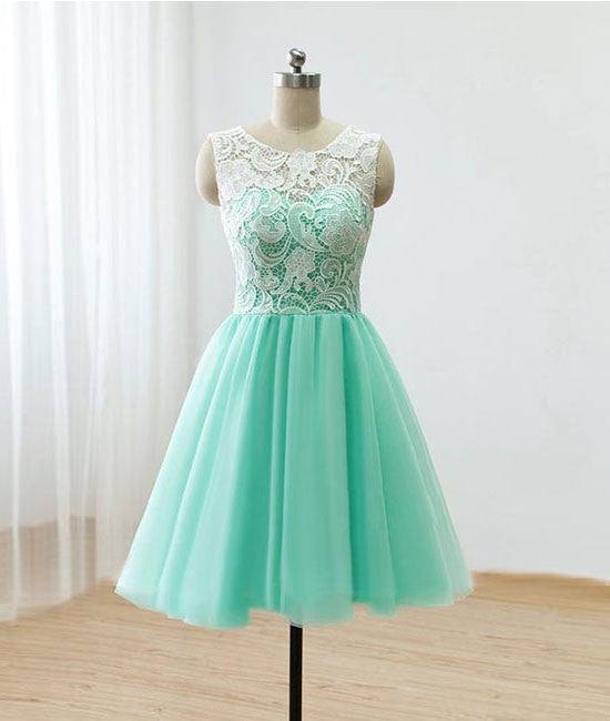Cute Round neck lace tulle short green prom dress, bridesmaid dress - RongMoon