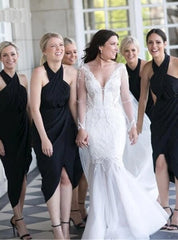 A-Line Black Halter Satin Tea Length  Bridesmaid Dress