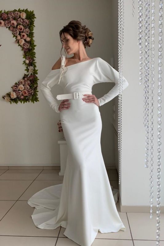 Satin Sexy Backless Sheath Long Sleeve Sash Belt Wedding Dress