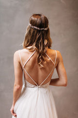 Summer A-Line Tulle Spaghetti Strap Open Back Beach Boho Wedding Dress