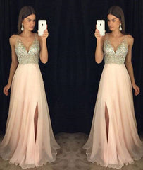 Pink v neck chiffon long prom dress, pink evening dress - RongMoon