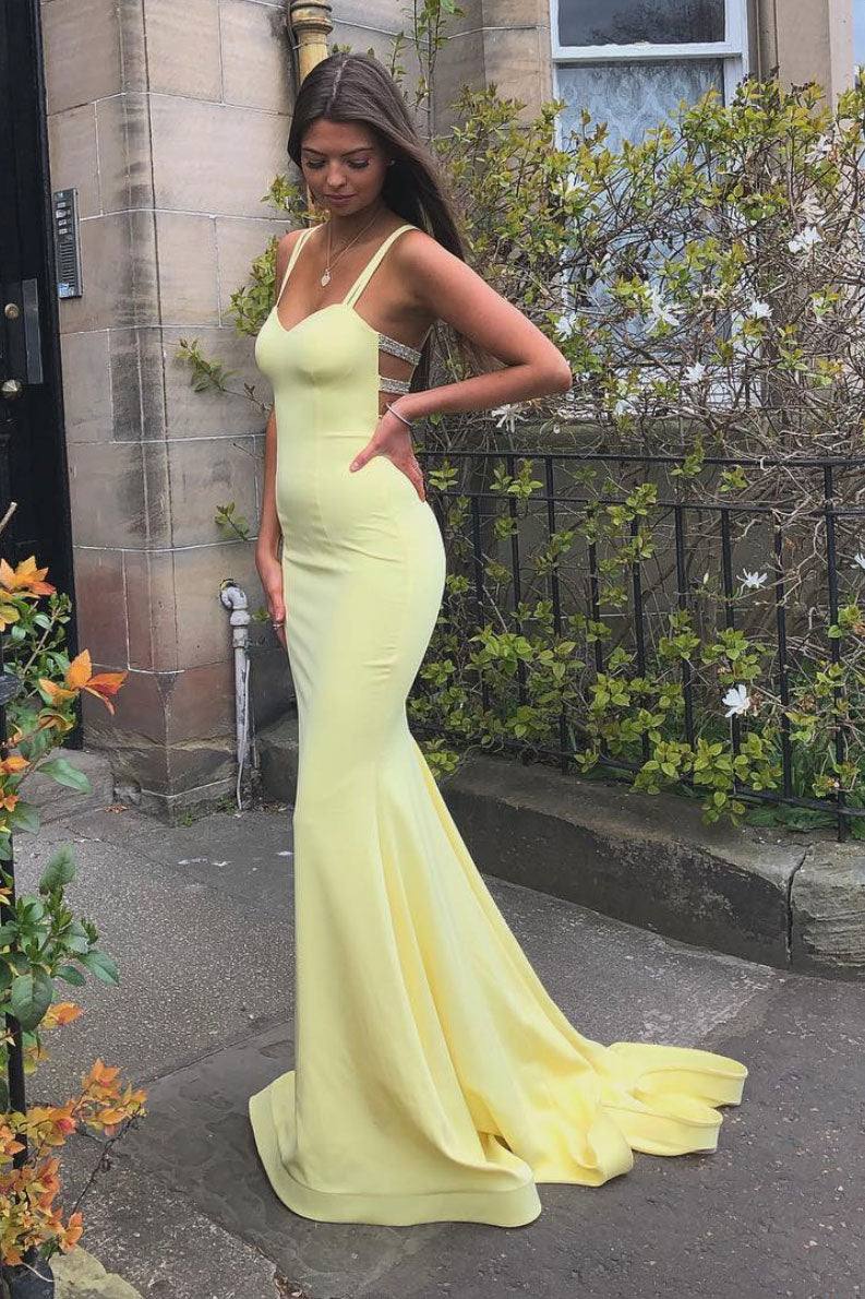Simple sweetheart yellow satin long prom dress yellow formal dress - RongMoon