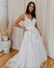 A Line Tulle Romantic V Neck Appliques Wedding Dress