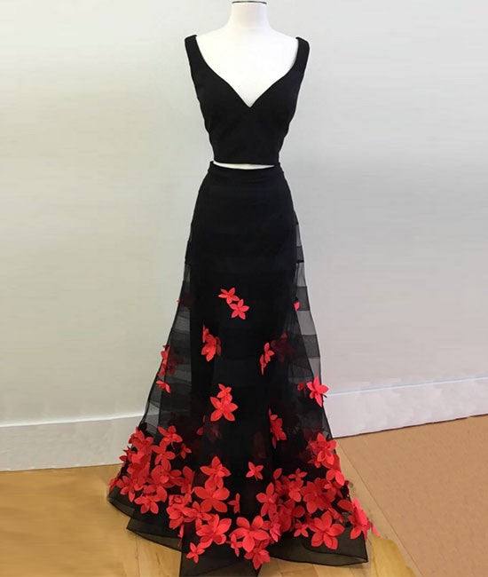 Black two pieces applique long prom dress, black evening dress - RongMoon