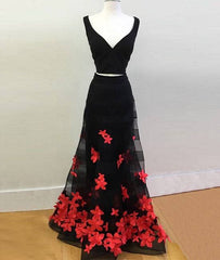 Black two pieces applique long prom dress, black evening dress - RongMoon