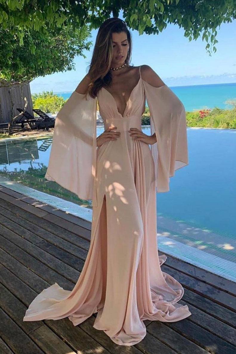 Simple pink chiffon long prom dress pink evening dress - RongMoon