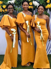 Yellow Mermaid Appliques Satin One Shoulder Bridesmaid Dress